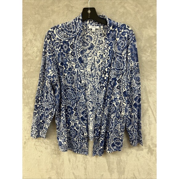 Chico’s Cardigan 3 XL 100% Linen Blue Floral Cottagecore Knit Long Sleeve Open‎ - Picture 1 of 7